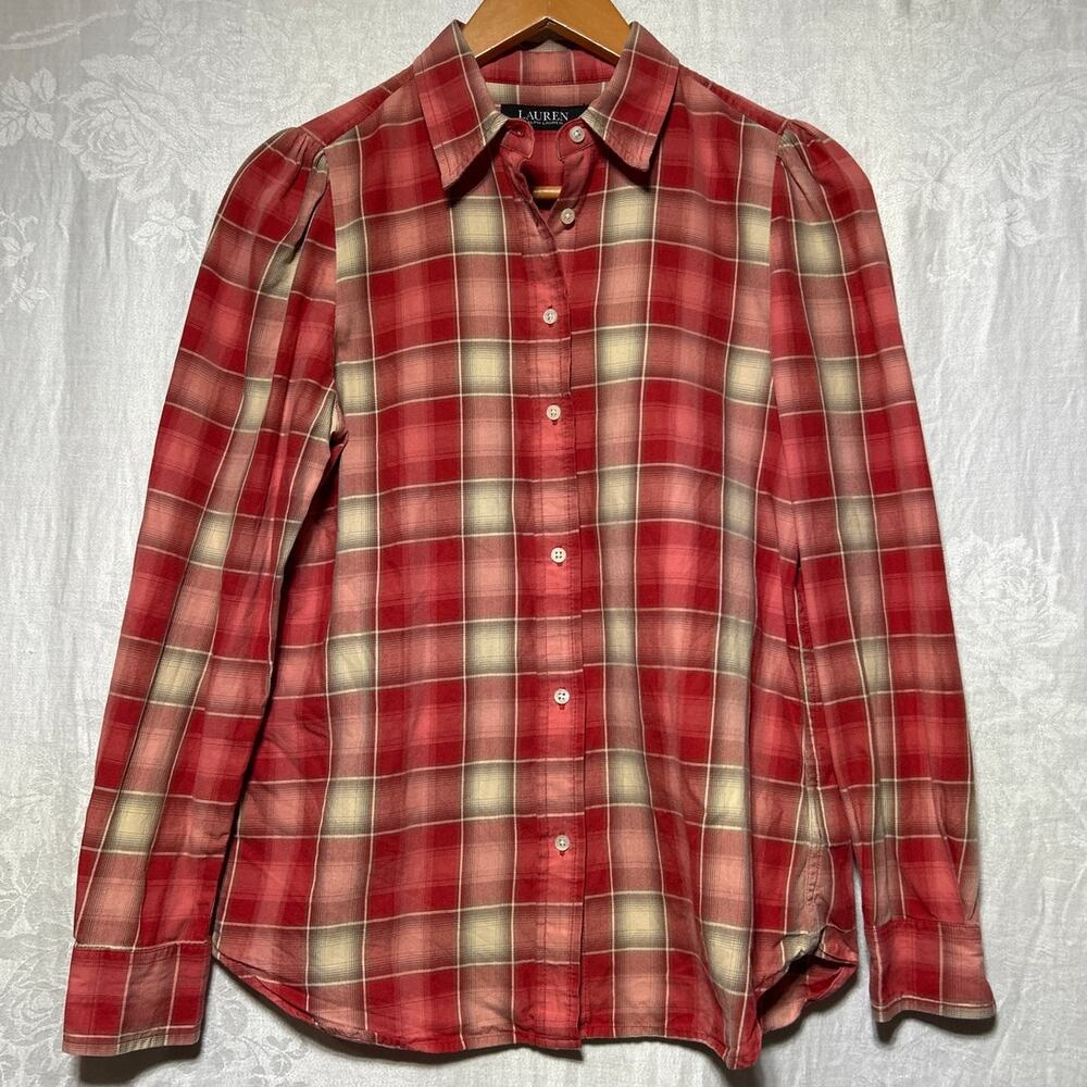 Ralph Lauren LRL Button Up 4 PETITE Pink Plaid Puff Sleeve Black Label